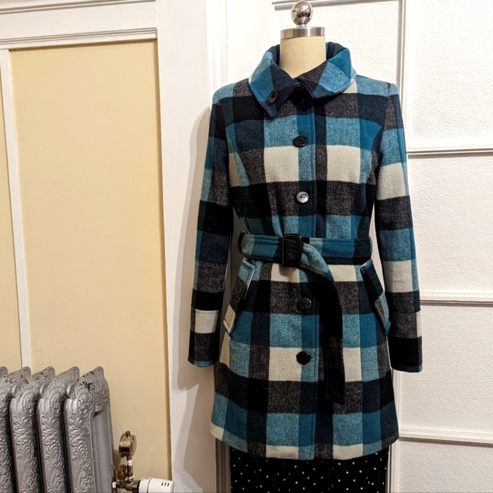 Vintage-inspired Blue & Black Gingham Plaid Wool Coat.